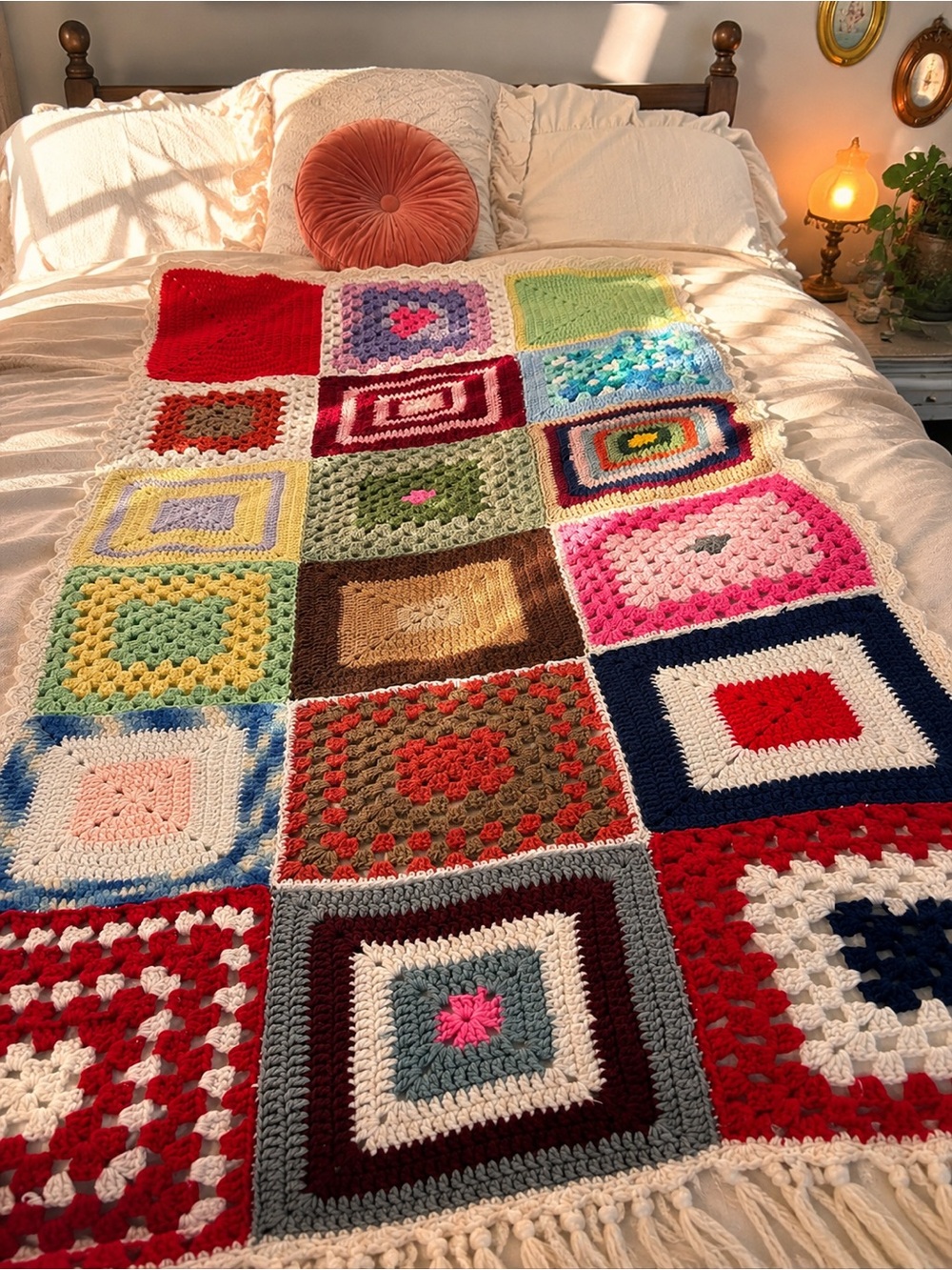 Handmade Crochet Patchwork Throw Blanket Boho Granny Square Afghan 32x70